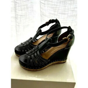 CHLOE Marcie Black Leather T-Strap Platform High Heel Wedge Sandal Size 38 1/2